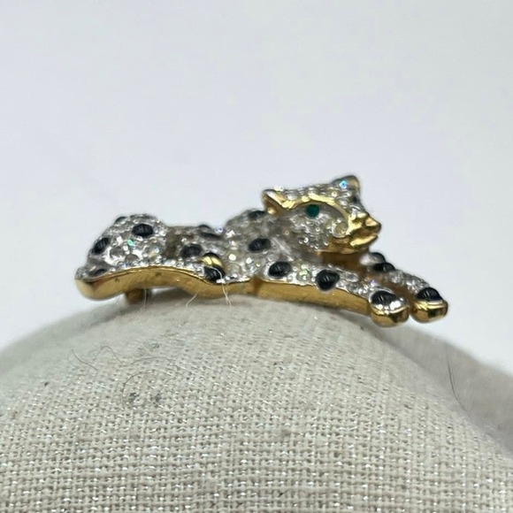 Panther Silver Gold Tone Rhinestones Black Cabochons Green Eye Brooch - Picture 6 of 16